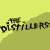 Animated contact sheet showing six frames of a pixelated logo animation for The Distillers with changing background colors and character poses.