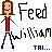 Pixelated character with brown hair and red shirt stands beside stylized text reading 'Feed' and 'Ji... TAI...' on a checkered background.