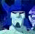 Animated sequence of a pale-skinned character with blue hair and red eyes, showing facial expression changes against a dark background.