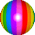 Six circular rainbow-striped spheres with central white highlights arranged in a on gray background