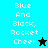 Two side-by-side display text 'Blue And Black, Rocket Cheer' with a star icon; left has cyan background and black star, right teal background and cyan star