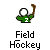 Animated field hockey icon showing a green stick figure with white head and brown stick in various motion frames on gray background