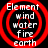 Four identical circular icons with red concentric rings and white text listing 'Element wind water fire earth' on black background.