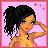 Pixel art of a woman in a pink dress with a high ponytail, standing against a pink polka-dot background with text reading "I love ballet".
