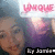 A pixelated image of a person in purple clothing with pink text 'UNIQUE' at the top and partial black text 'By J...' below, showing subtle facial expression changes across frames.