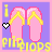 Pixel art of pink flip-flops with yellow straps on a purple background, featuring 'i' and 'flipflops' text and changing heart symbols.