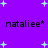 Purple background with light blue plus signs; repeated text 'nataliee*' in dark pixels, some with colon punctuation.