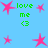 Pixelated pink star shapes and green text reading 'love me <3' on a light blue background.