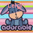 A cartoon donkey with blue-gray fur and purple ears sits against a striped background, with text above and below it.