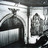 Black-and-white pixelated image of a vintage theater marquee with curved top and vertical posts, showing partial text and architectural details.