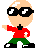 Pixel art contact sheet of four animated frames showing a bald character in red shirt, green pants, black sunglasses, and bow tie performing a dance pose with slight variations across frames.