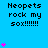 Blue background with repeated text "Neopets rock my sox!!!!!!" and pink heart symbols in various positions.