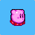 Pixelated pink character with red collar and closed eyes in four sequential poses against light blue background, each labeled 'Run Kirby!' below.