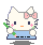 Pixelated white cat with pink bow, green flower in left paw, blue dress, orange nose, black eyes, and pink cheeks on gray background.