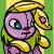 Animated contact sheet of a purple cartoon character with yellow hair and green clothing holding red hearts against striped background.