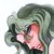 Pixelated static image of a figure with green hair and pink skin holding an object against a white background.