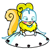 Pixelated yellow cartoon character with large blue eyes, pink mouth, and spiral-shaped yellow tail, standing on a white background.