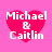 Four identical pixelated heart-shaped icons with white text reading "Michael & Caitlin" on a pink background.
