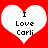 Two white heart shapes on a red background with black text reading "I Love Carli" inside each heart.