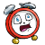 A static contact sheet of two animated frames showing a red alarm clock character with blue eyes, pink tongue, and yellow feet against a white background.