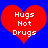 Two red heart shapes on a blue background with white text reading 'Hugs Not Drugs' in pixelated font.