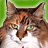 Static pixelated image of a cat's face with brown and black fur, green eyes, white chest, and green background.