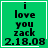 Green square icon with black pixelated text reading "i love you zack 2.18.08" and a white cursor blinking at the end of the date.