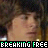 repeated pixelated images showing a person with brown hair and light skin, overlaid with scrolling text reading "BREAKING FREE" in green and blue letters