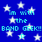 Blue background with white stars and repeated cyan text reading 'im with the BAND GEEK!! BAND GEEK!! :p' in pixelated font.
