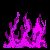 Pixelated character with long red hair and purple clothing appears in multiple poses against a dark background, accompanied by pink flame-like shapes.