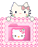 Pixelated Hello Kitty avatar with pink bow, green cheeks, and white paws holding a decorative frame containing her face.