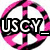 Animated icon with 'USCY' text over circular symbols; pink and purple rings alternate with colorful abstract patterns.