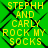 Green background with black crisscross lines and yellow text reading "STEPHH AND CARLY ROCK MY SOCKS" repeated in a pattern