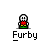 Pixel art character with white head, red torso, green legs, and yellow feet appears in multiple states with text banners above.