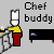 Animated contact sheet of a chef buddy icon showing multiple frames with cooking actions and egg sprites on black background.