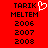 Red background displays two identical text blocks with 'TARIK' above 'MELTEM', years 2006-2008, one block featuring a white pixelated heart symbol.