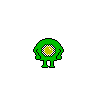 Green pixelated character with yellow circular face, multiple poses including standing, walking, and turning, on solid gray background.