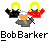 Pixel art of two figures with yellow hair and white faces, one in black clothing holding a dark object, the other in red clothing holding an orange item, below which is text reading "Bob Barker".