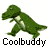 A 4x3 contact sheet of a green pixelated T-Rex animation with four distinct walking poses, each repeated across the grid and labeled "Coolbuddy" below.