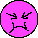 Three pink circular pixel art faces with distinct expressions: angry, sad, and aggressive, displayed in a