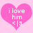 Two identical pink heart-shaped icons with white text 'i love him <3' on a light pink background.