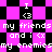 Pixelated icon with pink and black checkered background displaying repeated text "I <3 my friends and i X my enemies" in white pixel font.