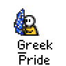 A 9-frame animated contact sheet showing a yellow stick figure waving blue-and-white checkered flags with "Greek Pride" text below each frame.