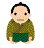 Pixelated character in green patterned top and dark green shorts with varying facial expressions and head positions