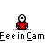 Pixelated character in red outfit with white face and black eyes, shown in multiple poses including standing still and holding yellow object.