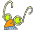 Pixelated cartoon glasses with yellow frames, orange nose bridge, and blue striped base; left lens green in first frame, cyan in second.