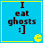 Blue square with yellow border contains text "I eat ghosts :]" and yellow Pac-Man icon; four identical