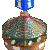 Pixelated icon of a spherical object with multicolored patterns and blue top section, resembling a decorative ball or ornament.