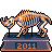 Pixelated rhinoceros skeleton on a dark blue base with '2011' text, rendered in orange-brown and black tones against gray background.