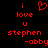 Red pixelated text on black background reads 'i love u stephen -abby' with a heart symbol replacing the letter 'o' in 'love'.